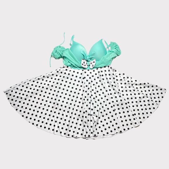 Polka Dot One Piece Swim Dress Boy Shorts Size US 6 Turquoise Black White - Picture 1 of 11
